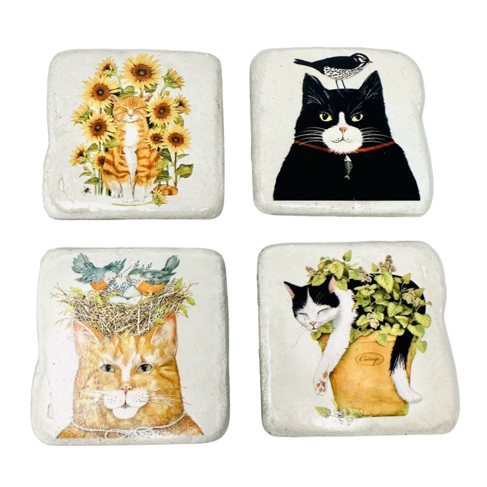 Creative Co-op Resin Cat Coasters Set of Four Folk Art Whimsy Floral White Black